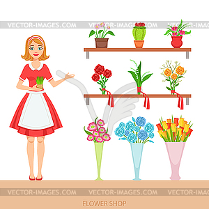 Женский флорист в цветочный магазин, демонстрирующих - изображение в векторном формате