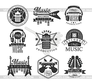 Music Record Studio Black And White Emblems - vector image