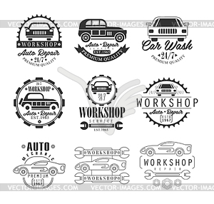 Car Repair Workshop. Classic Style Monochrome - vector clipart