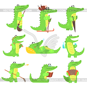 Humanized Crocodile Character Every Day Activities - vector clipart