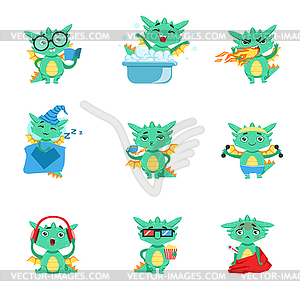 Little Dragon Everyday Activities And Emotions Set - royalty-free vector clipart