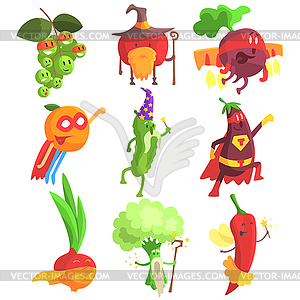 Silly Fantastic Fruit And Vegetable Characters Set - vector clipart