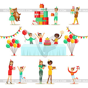 Children Birthday Party Set Of Scenes - vector image