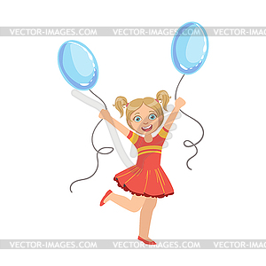 Girl With Ponytails In Red Dress Two Blue Balloons - vector image