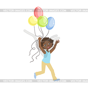 Boy Running Holding Four Colorful Balloons - vector clipart