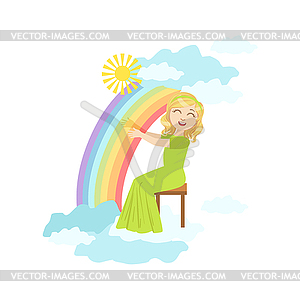 Girl Playing Harp With Rainbow And Clouds Decoration - vector image