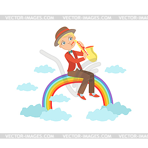 Boy Playing Saxophone With Rainbow And Clouds - vector clipart