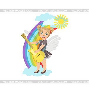 Girl Playing Electric Guitar With Rainbow And Cloud - vector clipart