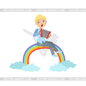 Boy Playing Accordion With Rainbow And Clouds - vector clip art