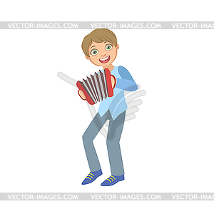 Мальчик в синий жилет Игра аккордеона - изображение в векторном формате