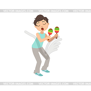 Boy Playing Maraces And Singing - vector clipart