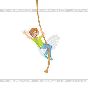 Boy Climbing Rope In Physical Education Class In - vector image