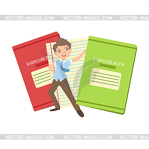 Boy In School Uniform With Two Giant Notebooks - vector EPS clipart