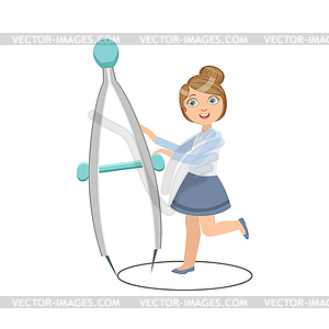 Girl In School Uniform With Giant Compasses - vector clip art