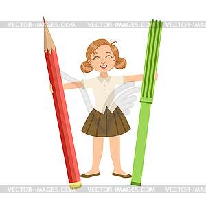 Girl In School Uniform With Giant Pencil And Crayon - vector clipart