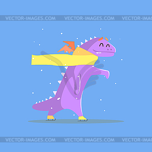 Violet Dragon Monster In Yellow Scarf Ice Skating - vector image