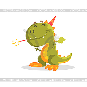 Green Dinosaur Monster At Party - vector clip art