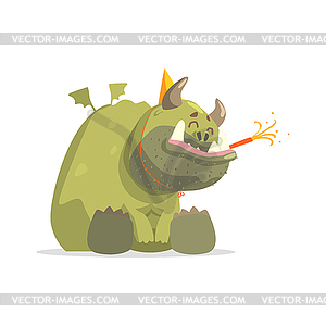 Giant Green Monster In Party Hat Sitting - vector image