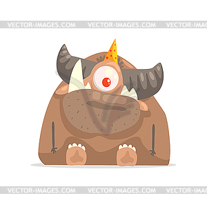 One-eyed Horny Brown Monster In PArty Hat - vector clipart