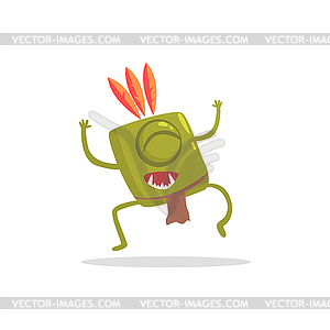 Square Green Manster In Indian Costume Dancing - vector clip art