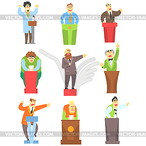 Men Speaking Publicly On Tribune Set Of s - royalty-free vector clipart
