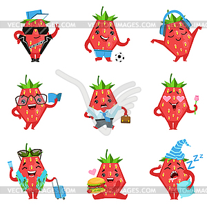 Geometric Strawberry Character In Funny Situations - vector image