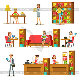 People Taking And Reading Books In Library Set Of s - vector clipart