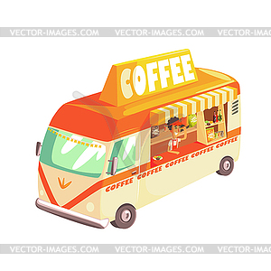 Coffee Shop Cafe In Mini Bus On Sunny Day - vector clipart