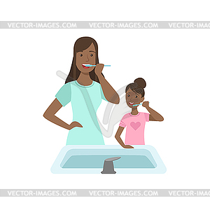 Mother And Child Brushing Teeth Together - vector clip art