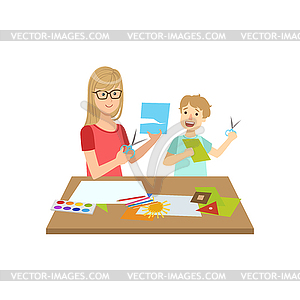 Mother And Child Doing Applique Together - vector image