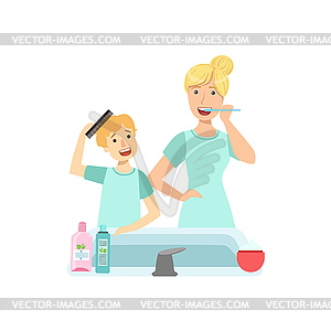 Mother And Child Preparing For Bed Together - vector image