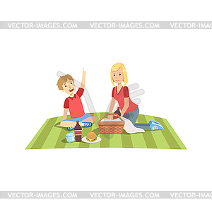 Mother And Child Having Picnic Lunch Together - vector clipart