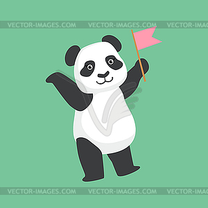 Cute Panda Character With Pink Flag - vector image