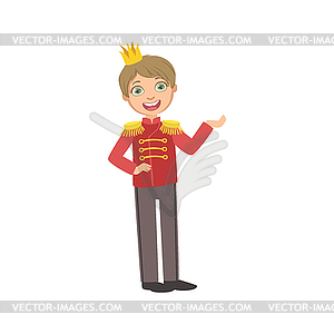 Little Boy In Red Military Jacket Dressed As Fairy - vector image