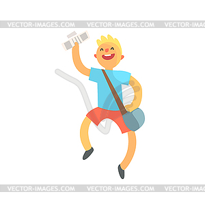 Kid Бег с сумочку Полный газет Улыбаясь - рисунок в векторе