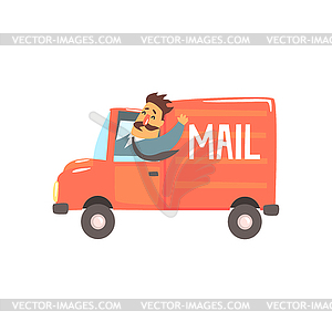 Postman Driving Red Mail Truck Smiling - vector clipart