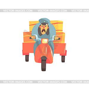 Postman Riding Red Motorbike With Trailer - vector clipart