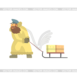 Nothern Postman In Fur Coat Dragging Sled With Mail - vector clipart