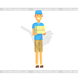 Delivery Worker In Blue T-shirt Holding Small - vector image
