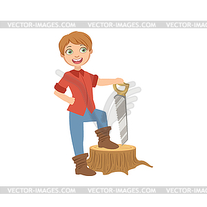 Boy Dressed As Lumberjack Holding Saw - vector clipart