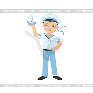 Boy Dressed As Sailor Holding Toy Boat - vector image