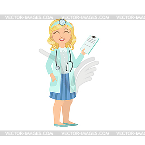 Girl Dressed As Doctor Holding Patients History - vector clipart