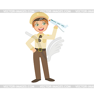 Boy Dressed As Pilot Holding Toy Plane - vector EPS clipart