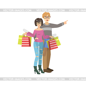 Пара с мешками бумаги в торговом центре - изображение в векторном виде