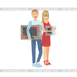 Couple Buying Tv And Microwave Oven In Shopping Mall - vector image