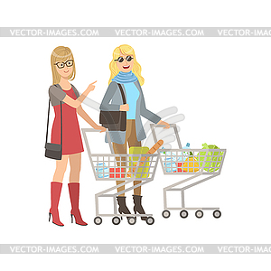 Две подружки за покупками в продуктовый магазин - векторный клипарт / векторное изображение