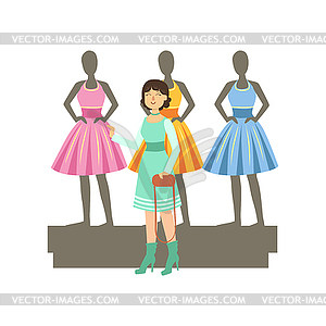 Woman Choosing Dresses On Mannequinns In Shopping - vector EPS clipart