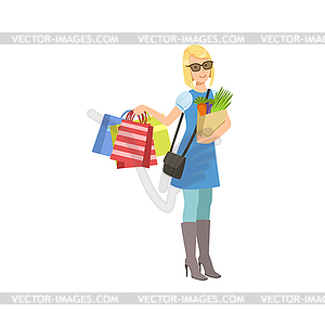 Girl With Paper Bags In Shopping Mall - vector clipart