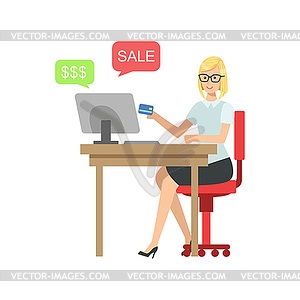 Woman On-line Shopping With Credit Card - vector image