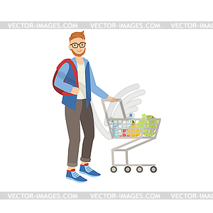 Man With Backpack Shopping For Food In Supermarket - vector image